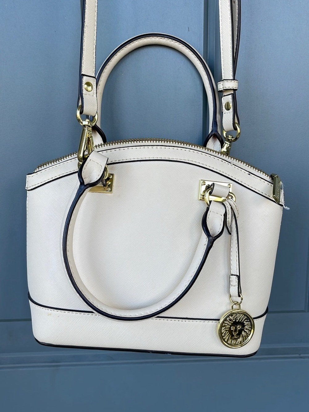 Ivory Structured Satchel with Gold Accent - Womens Bag ANNE  KLEIN